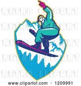 Vector Clip Art of Retro Snowboarder Catching Air over Mountains by Patrimonio
