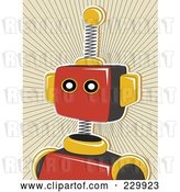 Vector Clip Art of Retro Springy Red Robot over a Tan Burst by