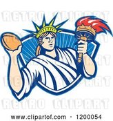 Vector Clip Art of Retro Statue of Liberty Holding a Football and Torch over a Shield by Patrimonio