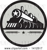 Vector Clip Art of Retro Steam Engine Train with a Star on the Front, Inside a Black and Gray Circle by Patrimonio