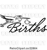 Vector Clip Art of Retro Stork with a Baby and the Word Births by Prawny Vintage