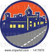 Vector Clip Art of Retro Street and City Skyline in a Blue and Orange Circle by Patrimonio