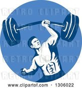 Vector Clip Art of Retro Strongman Bodybuilder Lifting a Barbell One Handed in a Blue Circle by Patrimonio