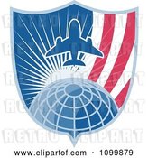 Vector Clip Art of Retro Styled Airplane over a Grid Globe with Sunshine and an American Shield by Patrimonio