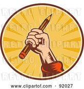 Vector Clip Art of Retro Styled Logo of a Hand Holding up a Pencil in a Sunny Circle by Patrimonio