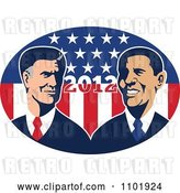 Vector Clip Art of Retro Styled Republican Politician Mitt Romney and President Barack Obama over 2012 and Stars and Stripes by Patrimonio
