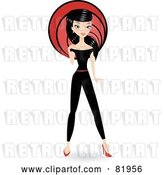 Vector Clip Art of Retro Stylish Black Haired Lady in a Black Jumpsuit, in Front of a Red Circle by Melisende Vector