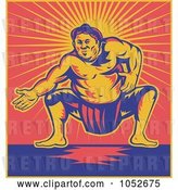 Vector Clip Art of Retro Sumo Wrestler Against Red and Yellow Rays by Patrimonio