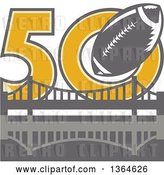 Vector Clip Art of Retro Super Bowl 50 Sports Design with a Gray Football over the Golden Gate Bridge by Patrimonio