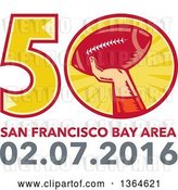 Vector Clip Art of Retro Super Bowl 50 Sports Design with a Woodcut Hand Holding up a Football Above Text by Patrimonio