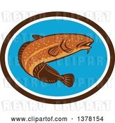 Vector Clip Art of Retro Swimming Burbot Fish in a Brown White and Blue Oval by Patrimonio