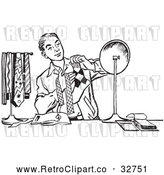 Vector Clip Art of Retro Teenage Boy Matching His Tie with His Socks in Black and White by Picsburg