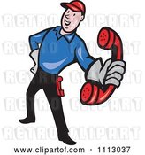 Vector Clip Art of Retro Telephone Repair Guy Holding out a Red Receiver by Patrimonio