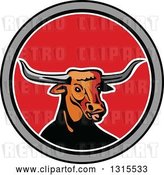 Vector Clip Art of Retro Texas Longhorn Steer Bull in a Black Gray White and Red Circle by Patrimonio