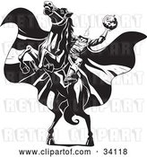 Vector Clip Art of Retro the Headless Horseman on a Rearing Horse, Holding up a Jack O Lantern As His Cape Blows in the Wind by Lawrence Christmas Illustration