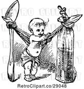 Vector Clip Art of Retro Tiny Baby Making a Hammock Between a Spoon and Oil Canister by Prawny Vintage