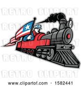 Vector Clip Art of Retro Train Driver Holding a Flag on a Steam Locomotive by Patrimonio