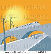 Vector Clip Art of Retro Train on a Viaduct over a Bus by Patrimonio