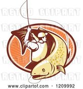 Vector Clip Art of Retro Trout Fisher Man Reeling in a Fish over an Oval of Rays by Patrimonio