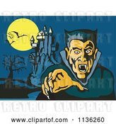 Vector Clip Art of Retro Vampire Reaching out with His Castle in the Background by Patrimonio