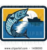 Vector Clip Art of Retro Wahoo Scombrid Fish Jumping near a Silhouetted Fishing Boat at Sunset by Patrimonio