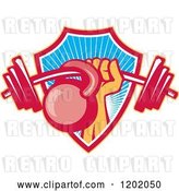 Vector Clip Art of Retro Weightlifter Hand with a Barbell and Kettlebell Emerging from a Ray Shield by Patrimonio