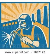 Vector Clip Art of Retro Welder Using a Torch with Factory Smoke Stacks and Rays by Patrimonio