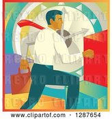 Vector Clip Art of Retro White Business Man Running over a Clock and Colorful Graph Bars by Patrimonio