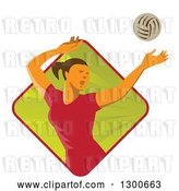 Vector Clip Art of Retro White Female Volleyball Player Spiking over a Green and Red Ray Diamond by Patrimonio