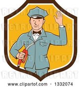Vector Clip Art of Retro White Male Gas Station Attendant Jockey Holding a Nozzle and Waving in a Brown White and Yellow Shield by Patrimonio