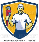 Vector Clip Art of Retro White Male Plumber Holding a Monkey Wrench in a Blue White and Yellow Shield by Patrimonio