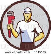 Vector Clip Art of Retro White Male Plumber Holding a Monkey Wrench in a Brown and Gray Circle by Patrimonio