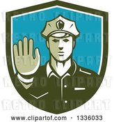 Vector Clip Art of Retro White Male Police Officer Gesturing Stop with His Hand Inside a Green White and Blue Shield by Patrimonio