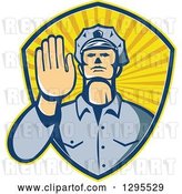 Vector Clip Art of Retro White Male Police Officer Gesturing Stop with His Hand Inside a Ray Shield by Patrimonio