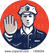 Vector Clip Art of Retro White Male Police Officer Gesturing Stop with His Hand Inside a Red Circle by Patrimonio