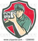 Vector Clip Art of Retro White Male Police Officer Using a Speed Radar Camara in Green White and Red Shield by Patrimonio