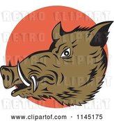 Vector Clip Art of Retro Wild Boar Pig Head over an Orange Circle by Patrimonio
