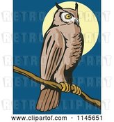Vector Clip Art of Retro Wild Owl Perched Against a Full Moon by Patrimonio