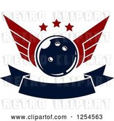 Vector Clip Art of Retro Winged Bowling Ball with Stars over a Blank Banner by Vector Tradition SM