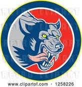 Vector Clip Art of Retro Wolf Attacking and Running in a Yellow Blue White and Red Circle by Patrimonio