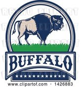 Vector Clip Art of Retro Woodcut American Buffalo Bison on Grass in an Oval with Text and Stars by Patrimonio