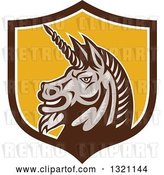 Vector Clip Art of Retro Woodcut Angry Gray Unicorn Head in a Brown White and Yellow Shield by Patrimonio