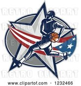 Vector Clip Art of Retro Woodcut Basketball Player over an American Swoosh and Star by Patrimonio