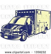 Vector Clip Art of Retro Woodcut Blue and Pastel Yellow Ambulance Vehicle by Patrimonio