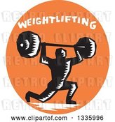Vector Clip Art of Retro Woodcut Bodybuilder Male Athlete Doing Lunges with a Barbell, with Text in an Orange Oval by Patrimonio