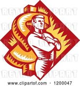 Vector Clip Art of Retro Woodcut Business Man with Folded Arms over a Dollar Symbol and Diamond by Patrimonio