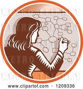 Vector Clip Art of Retro Woodcut Business Woman Drawing a Complex Diagram in an Orange Sunny Circle by Patrimonio