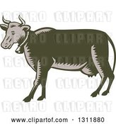 Vector Clip Art of Retro Woodcut Dairy Cow Wearing a Bell and Facing Left by Patrimonio
