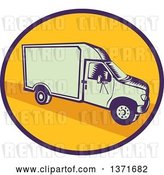 Vector Clip Art of Retro Woodcut Delivery Truck or Van in a Blue and Yellow Oval by Patrimonio