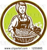 Vector Clip Art of Retro Woodcut Female Farmer Holding a Basket of Produce in a Circle by Patrimonio